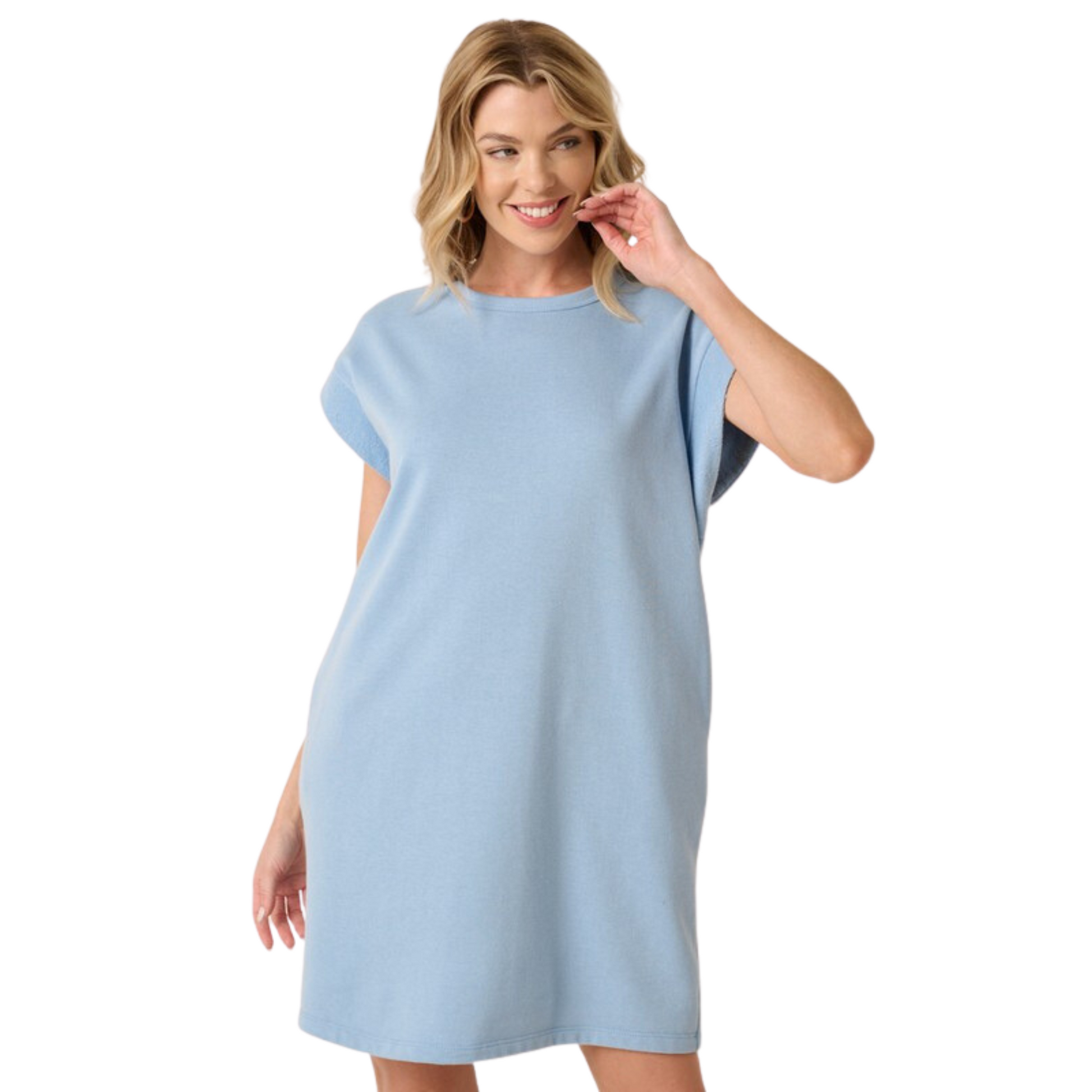 Crafted in a luxe French Terry, this mini dress comes in perfect Pink, Blue, and Black hues. It's designed with a classic sweatshirt dress silhouette and short sleeves, perfect for casual weekend days and laid-back office looks.