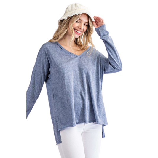 This Hi Low Knit Top is the perfect combination of comfortable and stylish. Its v neck and super soft blue knit fabric are sure to elevate your everyday look.
