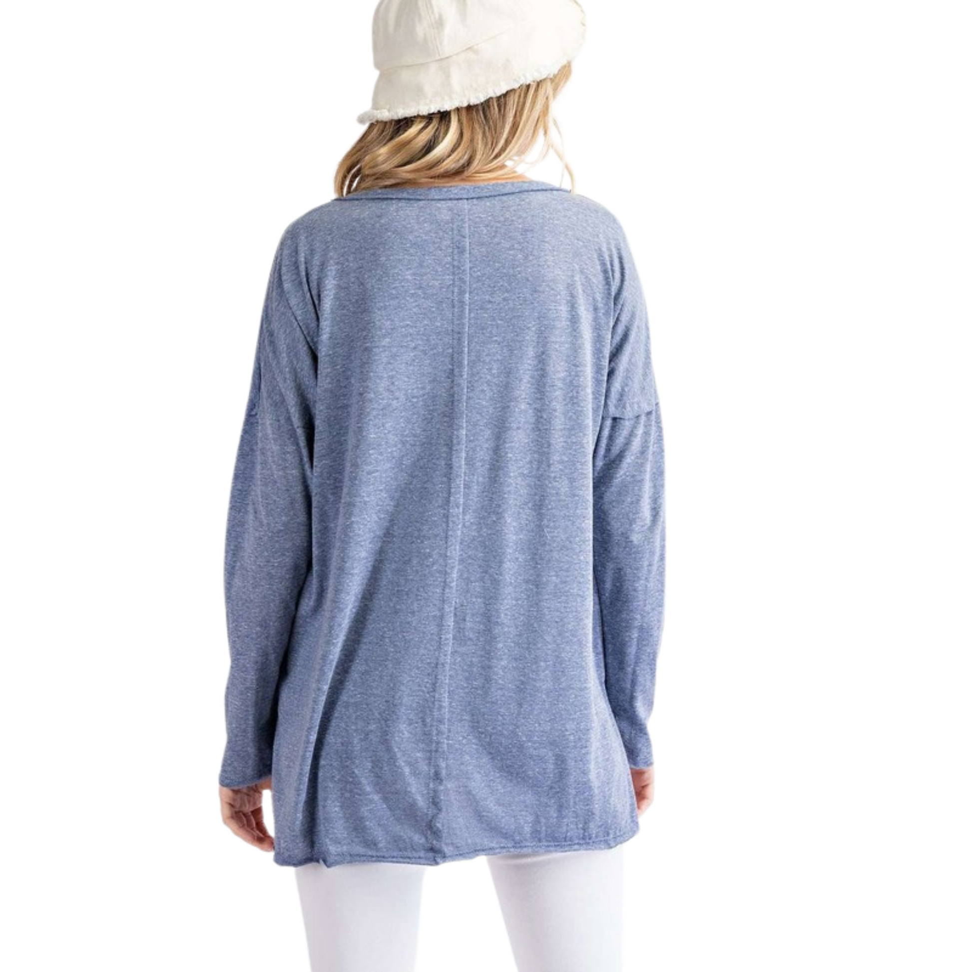 This Hi Low Knit Top is the perfect combination of comfortable and stylish. Its v neck and super soft blue knit fabric are sure to elevate your everyday look.