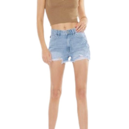 These stylish High-Rise Denim Shorts provide a comfortable fit and look great with any outfit. Featuring a light wash and a raw hem, these shorts are the perfect addition to your summer wardrobe.