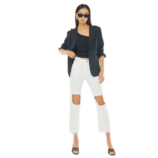 These white cropped High Rise Distressed Straight Leg Jeans will give you the perfect distressed look. Their straight leg design ensures a flattering fit, while the high rise waist gives a comfortable and stylish silhouette. Perfect for any casual occasion.
