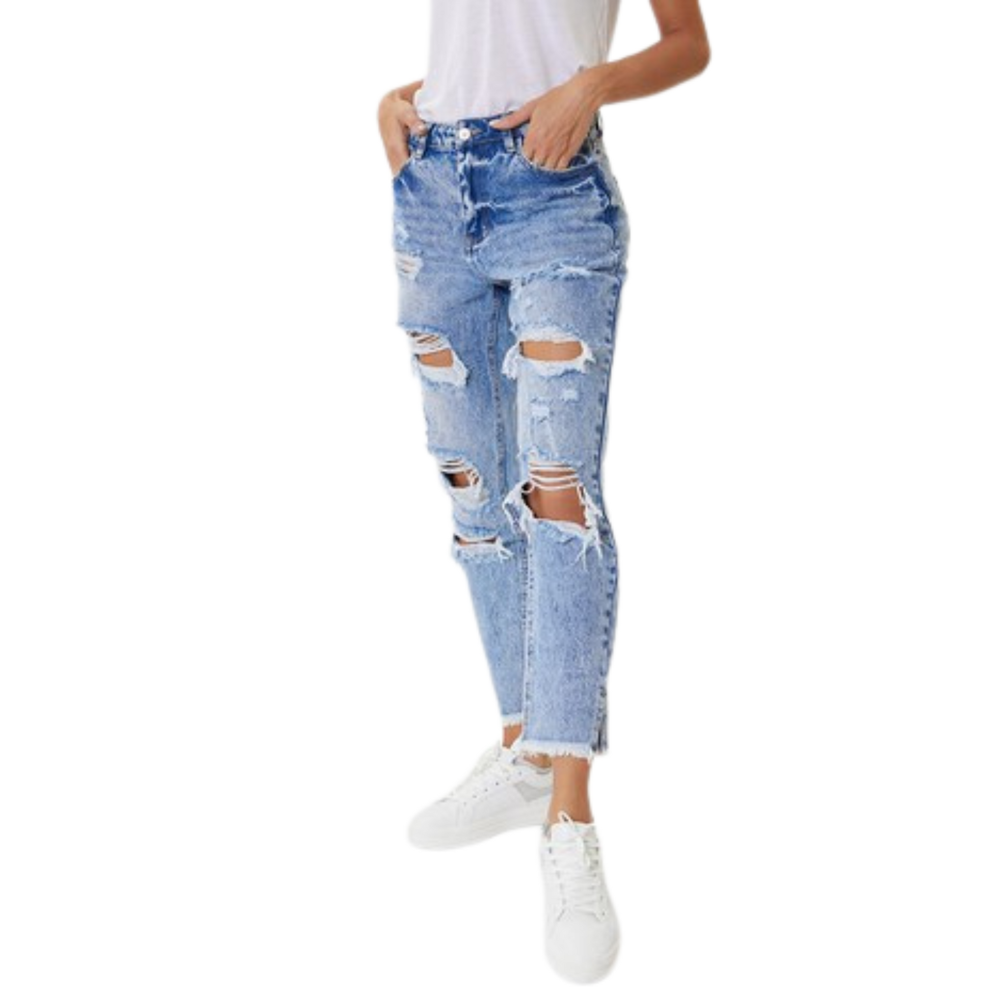 Update your denim wardrobe with these stylish High-Rise Mom Jeans. Constructed with a frayed hem and distressed detail, these cropped jeans feature a side split for a smart and sophisticated look. For a modern twist, the jeans pair perfectly with a sleek blouse.