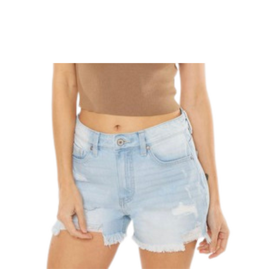Our High-Rise Mom Shorts provide an effortlessly stylish look. Crafted from light wash denim, the raw hem adds an edgy touch, creating a fashionable twist on the classic mom short. Perfect for summer days and your off-duty wardrobe.