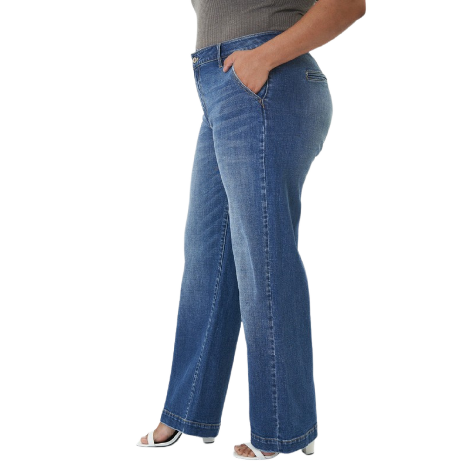 Our High-Rise Wide Leg Jeans are designed for a timeless look and timeless feel. The medium wash provides a retro twist that will be sure to stand out. Featuring a flattering high-rise fit and fashionable wide leg, these jeans are the perfect choice for any wardrobe.