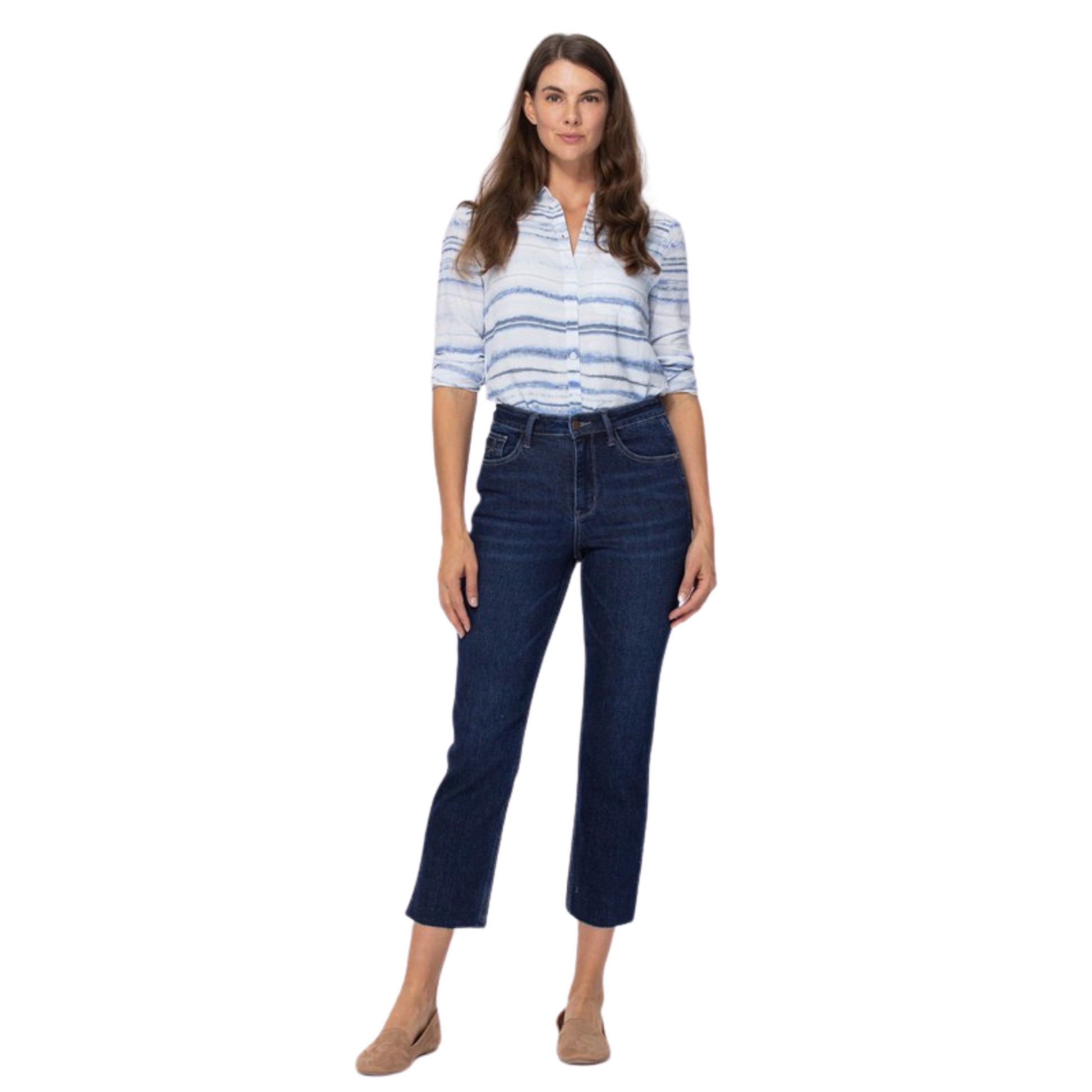 These high waisted cropped jeans offer a classic look with a dark wash and straight leg style. The cropped length ensures all-day comfort, no matter where you are. Enjoy the perfect mix of style and comfort with this timeless piece.