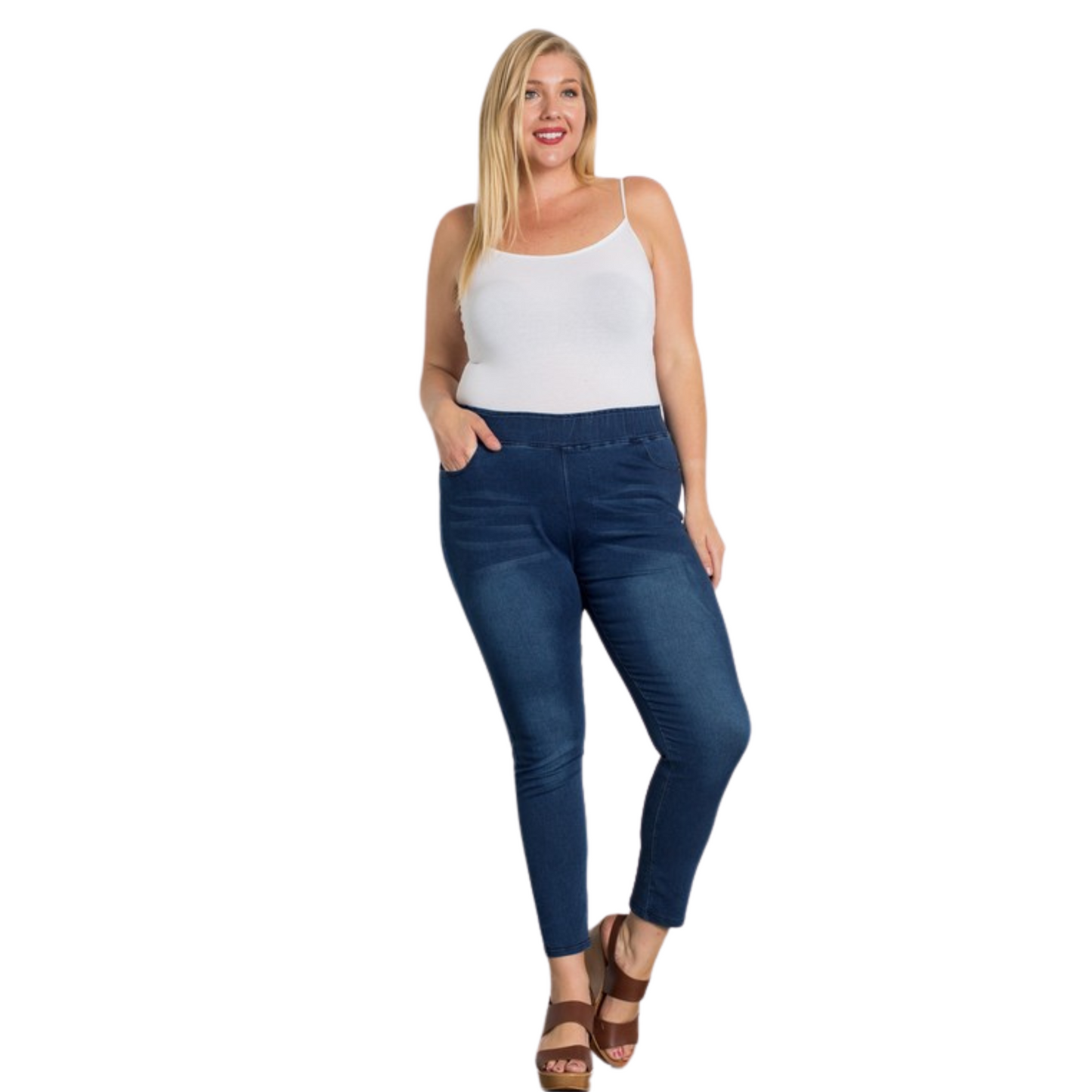 These plus size High Waisted Solid Jeggings offer a comfortable and stylish fit with an adjustable elastic waistband. The jeggings pull on effortlessly, made with a skinny distressed look for a modern, fashionable touch. Perfect for everyday wear.