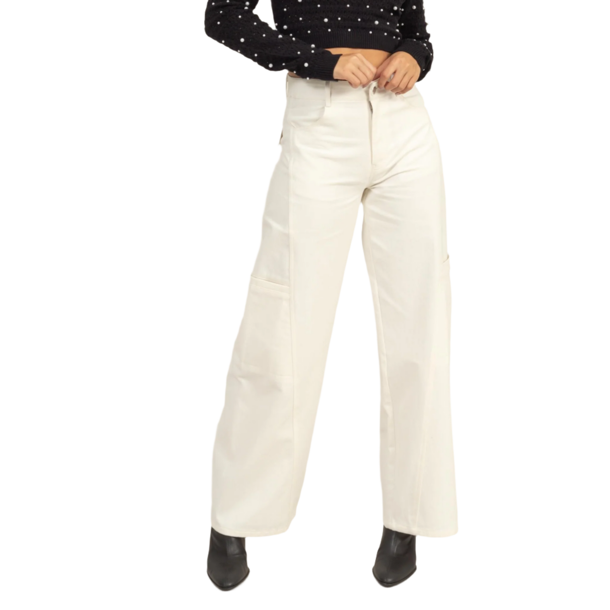 Featuring A High-rise Fit, These Pants Are Designed With Both Style And Functionality In Mind. The Pants Showcase Oversized Patch Pockets On The Back, Enhancing The Utilitarian Aesthetic. Made From A Comfortable And Durable Fabric, These Pants Ensure Ease Of Movement And Long-lasting Wear. Pair Them With Your Favorite Striped Top Or A Cozy Sweater For A Chic, Everyday Look. Perfect For Those Who Appreciate A Blend Of Fashion And Practicality.