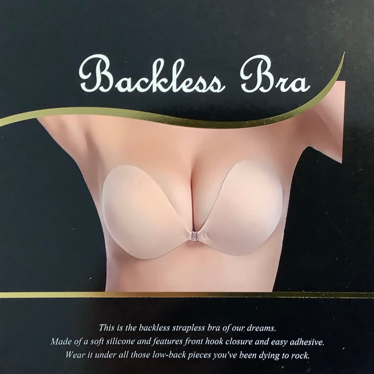 self adhesive backless bra. Available in nude or black