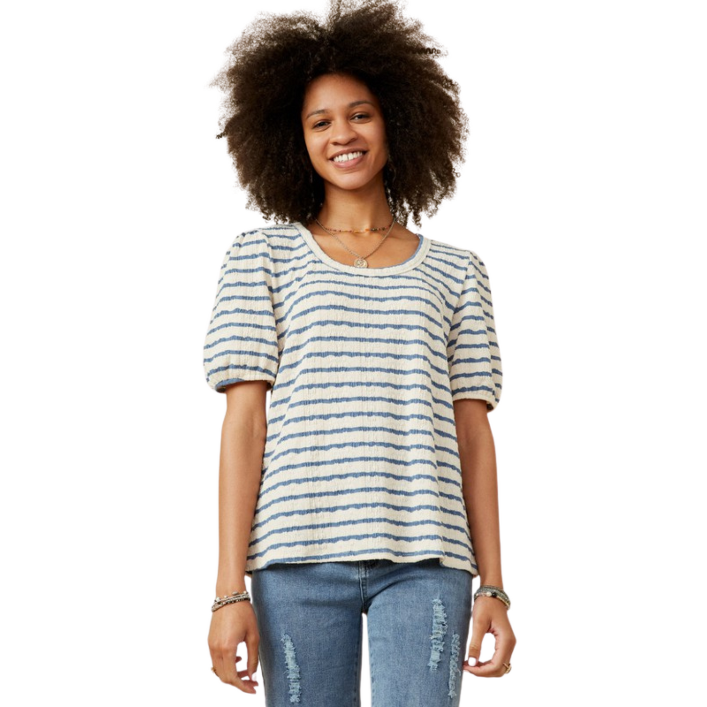 This statement knit top has a chic and modern feel. Crafted from a textured knit, this scoop neck top features a classic blue and white striped pattern. This timeless design is a wardrobe staple perfect for any occasion.