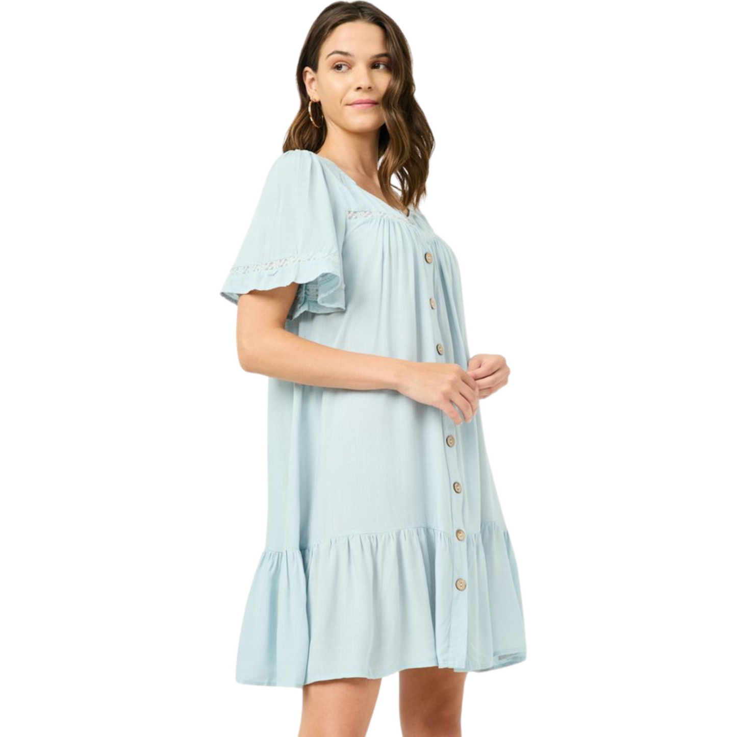 This Lace Trimmed Dress is an ideal choice when you want to look stylish while remaining comfortable. The lightweight material is breathable and brings a refreshing look to the light blue color. The mini dress style ensures you look trendy and fashion-forward.