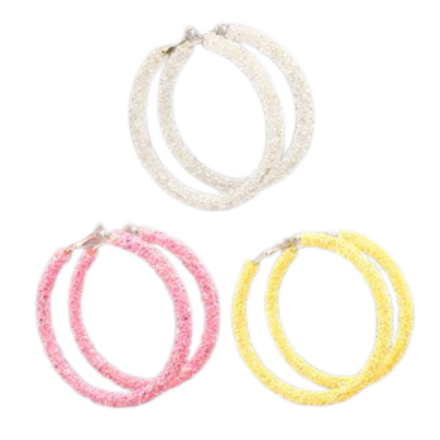 The Large Crystal Cluster Hoops are perfect for any occasion. These lightweight earrings feature iconic crystal cluster accents in three colors: white, yellow, and pink. For a timeless and elegant look, these are sure to make a statement.