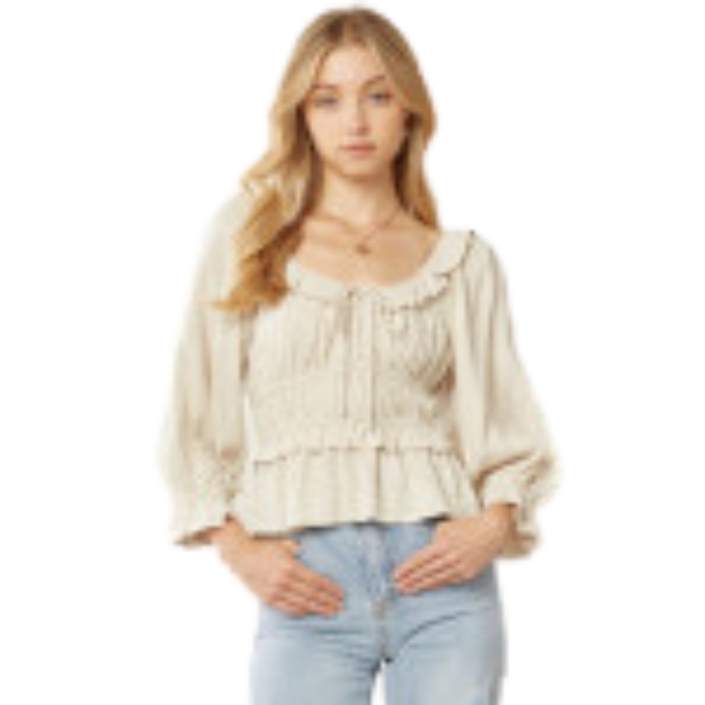 Introducing the Linen Draw String Top, with classic styling and essential details. The beautiful cream color and stylish ruffle neckline define this cropped top, while the cinched waist adds a flattering fit. Perfect for any summer occasion.