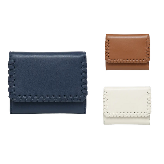 The Logan Whipstitch Tri-Fold Wallet by Jen &amp; Co. offers a refined blend of style and functionality. Crafted with expert attention to detail, its signature whipstitch design enhances durability and aesthetic appeal. This tri-fold wallet provides organized compartments for cards and cash, making it an ideal choice for everyday use. Available in brown, off white, or blue, it complements a range of personal styles with lasting quality.