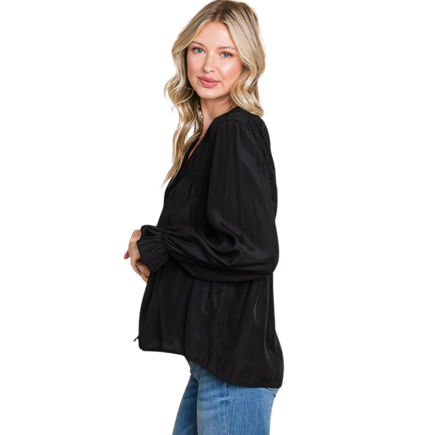 This Long Sleeve Button Down Top not only provides a classic and professional look, but also an easy accessibility to any outfit. Made from lightweight material, it comes in two colors, sage and black, making it an easily matching option in any wardrobe. It features a flattering v neckline and a button-down closure for the perfect finish.