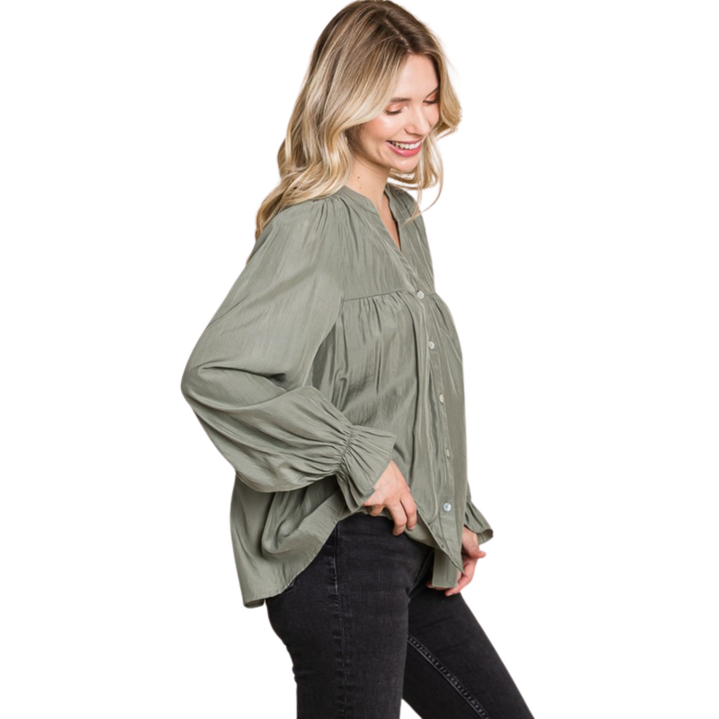 This Long Sleeve Button Down Top not only provides a classic and professional look, but also an easy accessibility to any outfit. Made from lightweight material, it comes in two colors, sage and black, making it an easily matching option in any wardrobe. It features a flattering v neckline and a button-down closure for the perfect finish.
