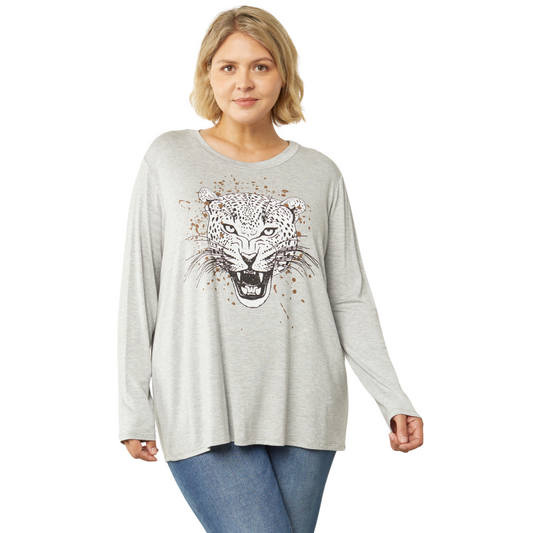 Our Long Sleeve Tiger Tee is a timeless classic in modern plus sizes. Crafted from a soft and stretchy cotton blend, this light grey shirt features a cute tiger graphic for maximum impact. Look and feel your best with our comfortable, stylish tee!