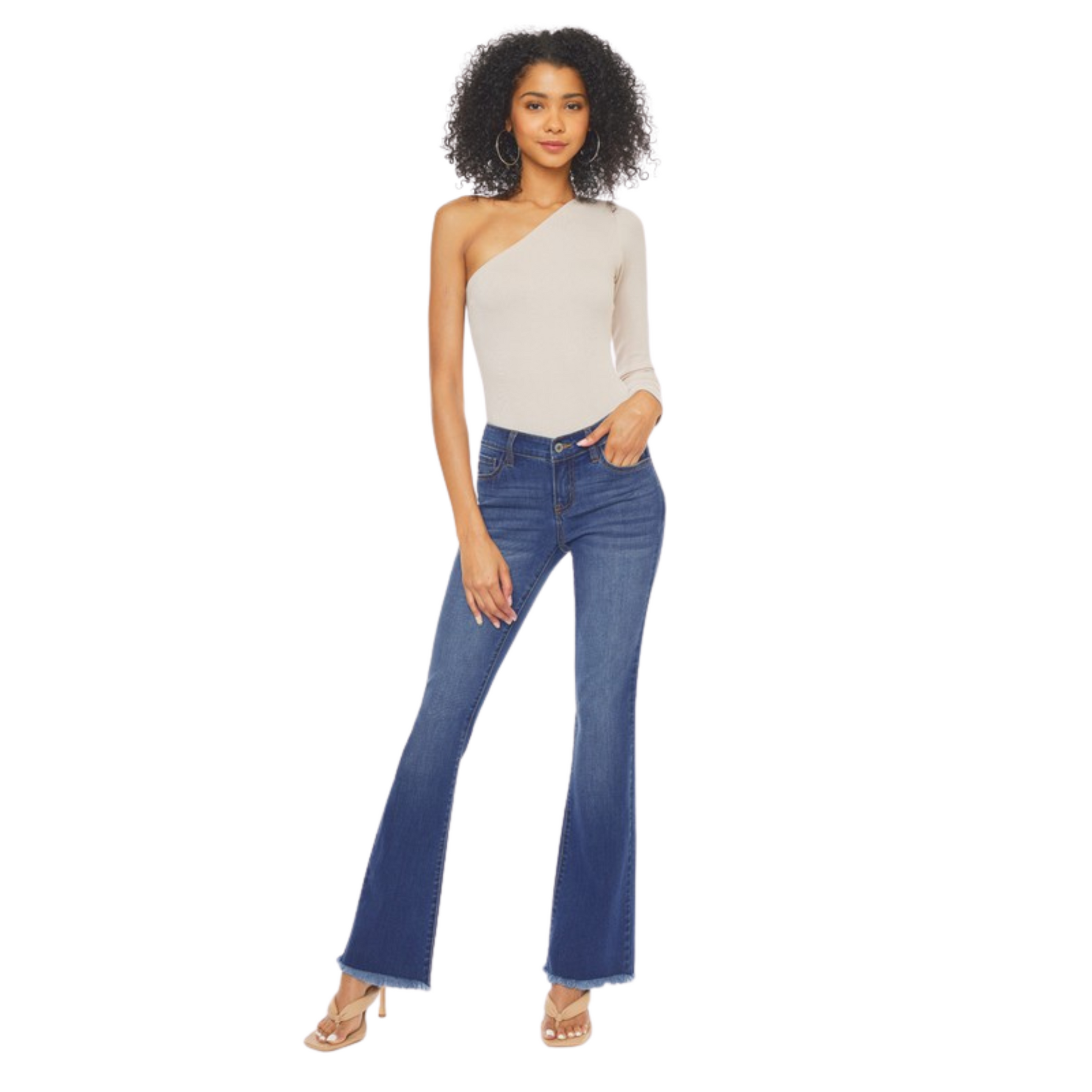 These Low Rise Frayed Hem Bootcut Jeans provide style and comfort, with a raw hem and medium wash. The design features a classic bootcut fit that's flattering and easy to wear. Enjoy all-day comfort and a fashionable, modern look.