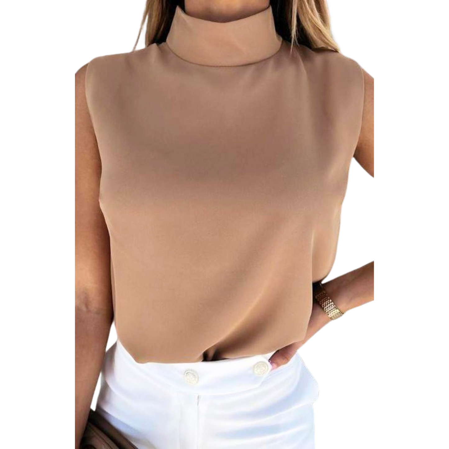 This Mock Neck Sleeveless Top is an essential wardrobe staple. Crafted in a classic tan color, it can be easily styled with any outfit to bring an elegant touch. With its timeless design, it will add sophistication to your look.