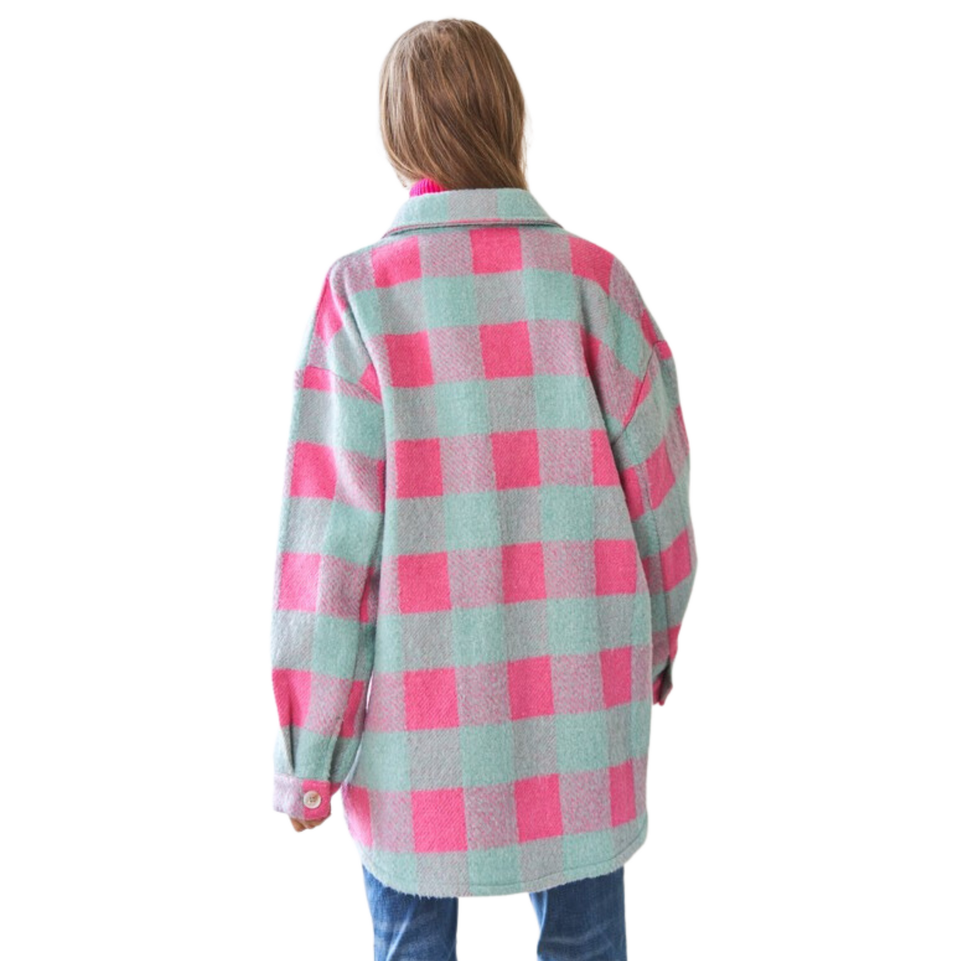 The Plaid Button Down Shacket features multi-checker plaid, chest pockets, and a button-down shirt jacket design in pink and grey. The shacket is made from high-quality, breathable materials for comfort and durability.