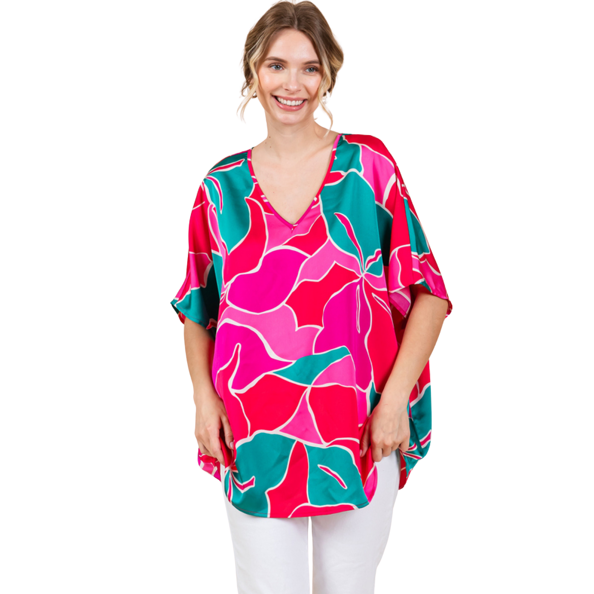 Expertly designed with a vibrant multicolor print, this Short Sleeve Abstract Top is a must-have for any fashion-forward wardrobe. The wide V-neck and short sleeves offer a stylish and comfortable fit, while the pink and turquoise mix adds a playful touch. Perfect for any occasion, this top is sure to make a statement.