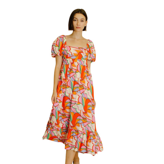 multicolor abstract print midi dress