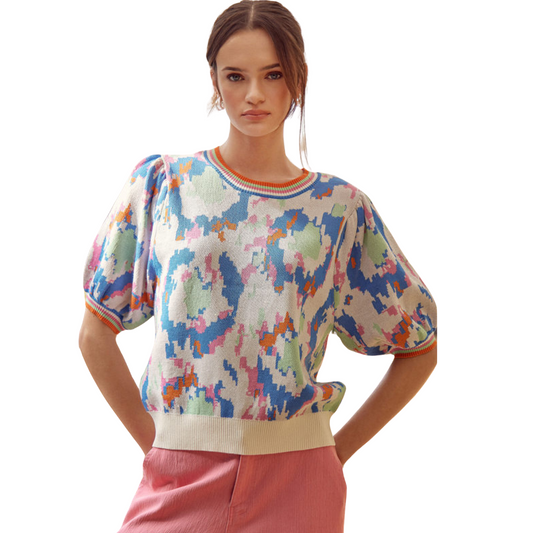 Discover the perfect blend of style and comfort with our Abstract Print Top. Featuring a unique print design, this top is made from a lightweight, sheer, and unlined fabric that is perfect for any occasion. The U-neck and short bubble sleeves add a touch of sophistication while the stretch-band cuffs ensure a comfortable fit. Elevate your wardrobe with this versatile and trendy top.