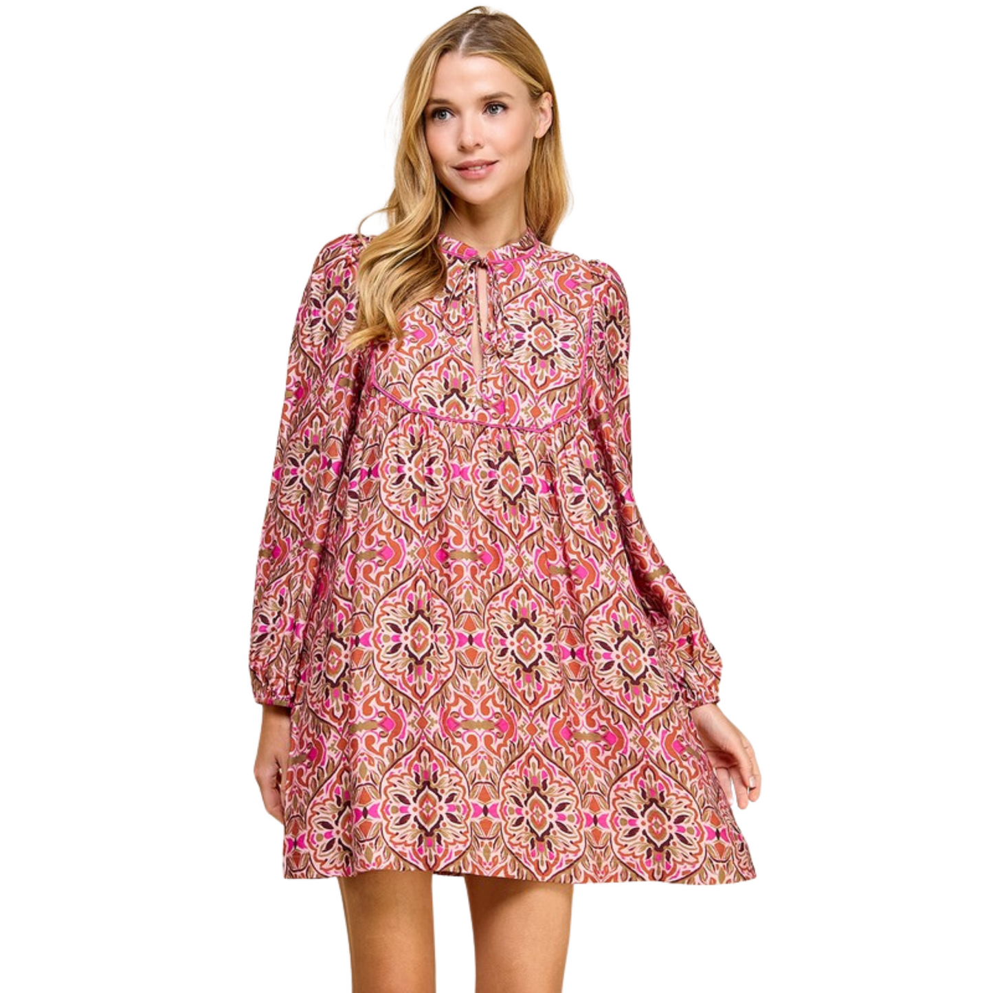 This abstract print mini dress offers a stylish and comfortable fit with its loose silhouette and long sleeves. The split neckline and adjustable neck tie add a touch of elegance to the fuchsia-colored dress. Perfect for adding a pop of color to your wardrobe while staying trendy.