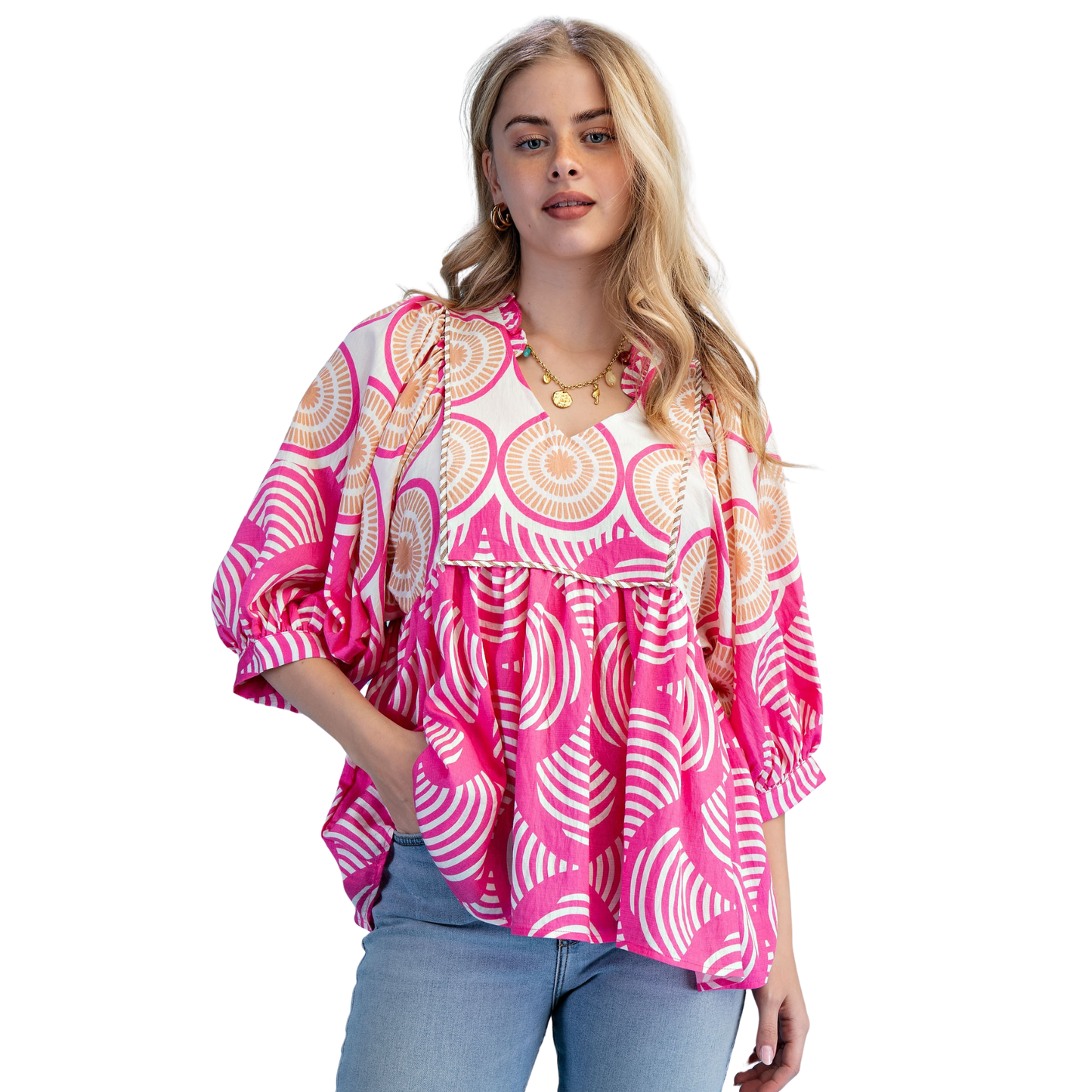The Printed Babydoll Top from GiGio features a captivating pink mix abstract print that brings artistic flair to your everyday wardrobe. This playful silhouette flatters with its relaxed, feminine cut, perfect for casual outings or layering. The eye-catching design makes it an effortless statement piece that pairs beautifully with denim, skirts, or tailored pants. Ideal for those who love bold, creative prints with comfort and style.