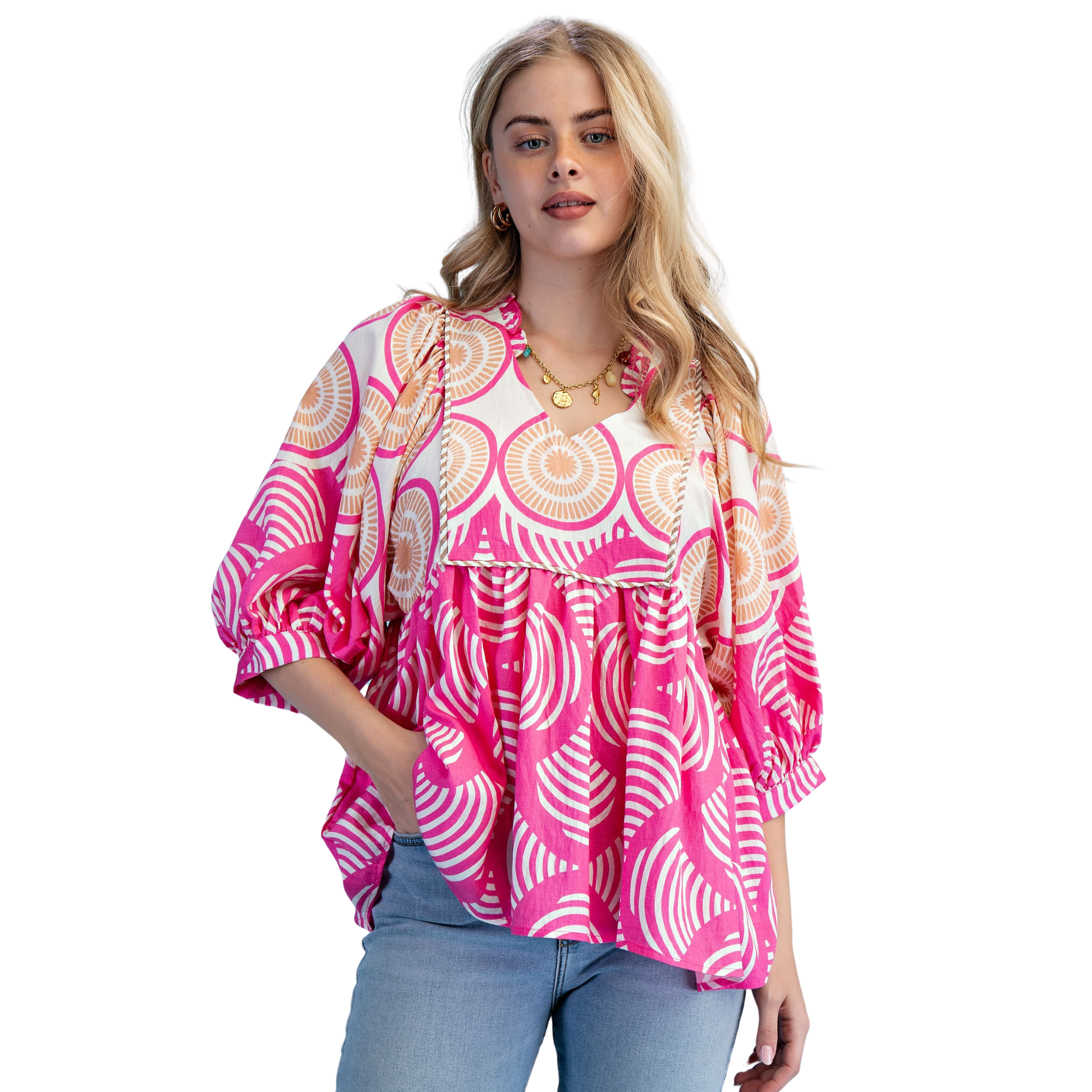 The Printed Babydoll Top from GiGio features a captivating pink mix abstract print that brings artistic flair to your everyday wardrobe. This playful silhouette flatters with its relaxed, feminine cut, perfect for casual outings or layering. The eye-catching design makes it an effortless statement piece that pairs beautifully with denim, skirts, or tailored pants. Ideal for those who love bold, creative prints with comfort and style.