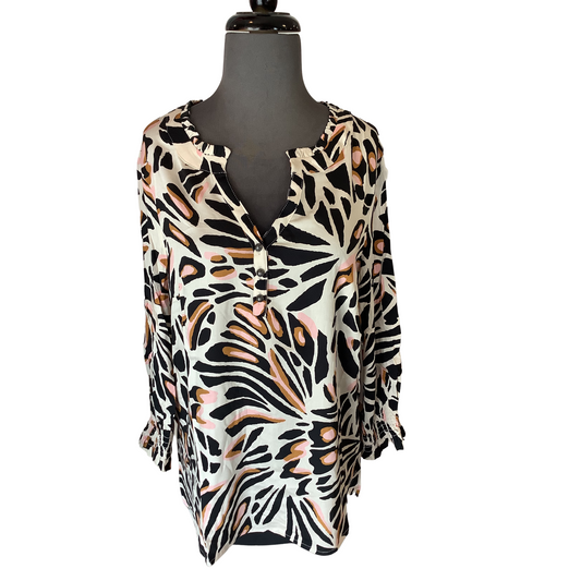 abstract design tribal top with front buttons and v neck