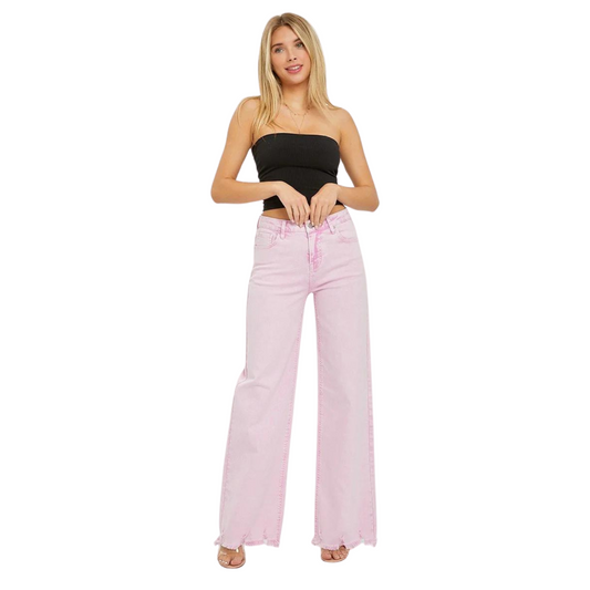 These High Rise Straight Leg Jeans from Risen are designed to flatter with their tummy control feature. The raw hem and side slit add a trendy touch to the classic straight leg style, while the acid pink color adds a unique pop of color. Elevate your denim game with these chic and comfortable jeans.