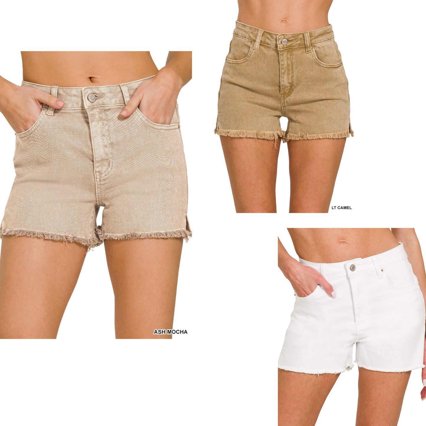 Acid Washed Cut Off Shorts by Zenana offer an effortlessly cool, vintage-inspired look. Featuring a raw hem for added edge and character, these shorts deliver casual style perfect for warm weather. Available in three versatile shades—crisp white, warm light camel, or sophisticated ash mocha—they pair easily with your favorite tees and sneakers for laid-back everyday wear.