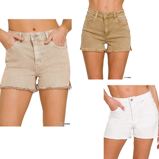 Acid Washed Cut Off Shorts by Zenana offer an effortlessly cool, vintage-inspired look. Featuring a raw hem for added edge and character, these shorts deliver casual style perfect for warm weather. Available in three versatile shades—crisp white, warm light camel, or sophisticated ash mocha—they pair easily with your favorite tees and sneakers for laid-back everyday wear.
