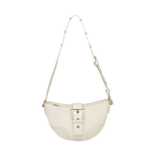 The Adelaide Shoulder Bag by Jen &amp; Co. combines understated elegance with practical design. Crafted in off-white with refined gold accents, this small shoulder bag features a secure buckle closure, offering both style and functionality. Its compact size makes it ideal for carrying essentials while complementing a sophisticated wardrobe. Perfect for those seeking a versatile accessory that balances classic charm with modern details.
