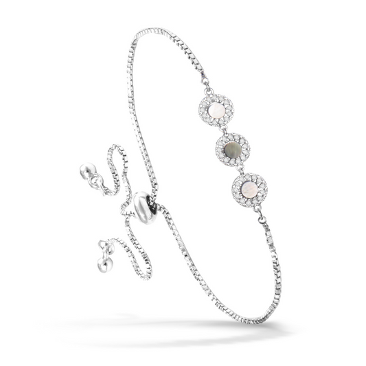 Expertly crafted with sterling silver and featuring a stunning mother of pearl accent, this adjustable bracelet is a must-have for any jewelry collection. The triple circle design adds a touch of elegance to any outfit. Upgrade your style with this timeless piece.