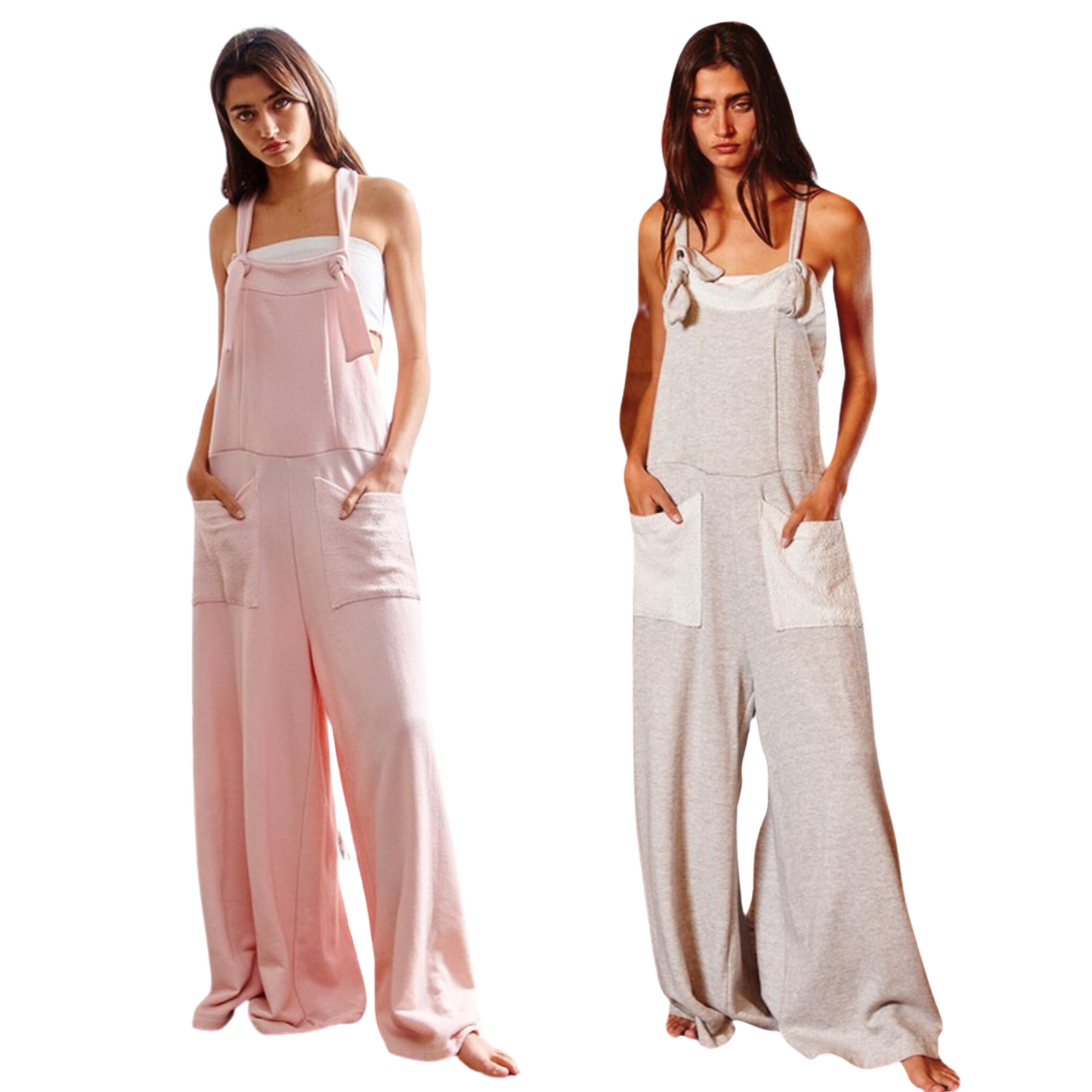 Made with an adjustable sweater material, this chic jumpsuit offers a snug and adjustable fit while featuring two convenient pockets. Available in two colors, pink and grey, this one-piece is ideal for any event. This stylish jumpsuit features adjustable straps, a straight neckline, wide legs, and front pockets for extra storage.