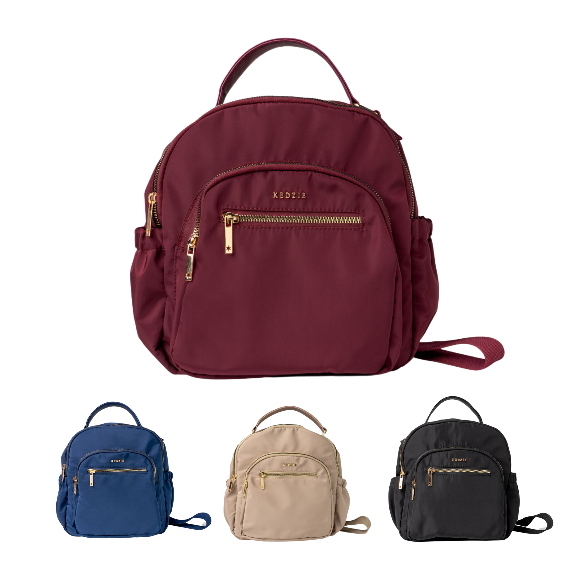 Sleek and mid-sized, this travel-friendly backpack can be worn as a classic crossbody or slipped onto your luggage with a built-in trolley strap. Available in Burgundy, Navy, Taupe, and Black