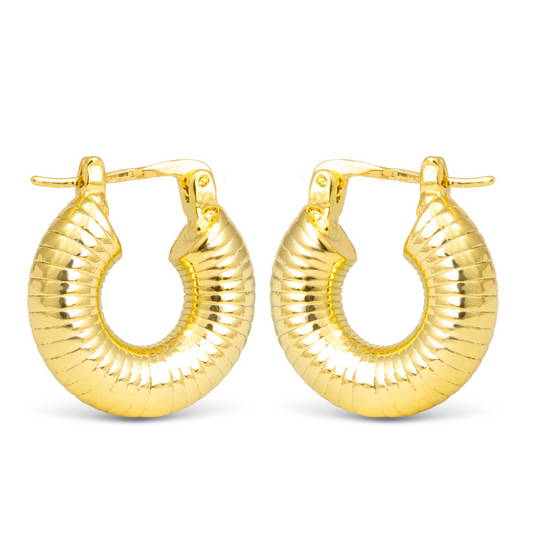 Crafted with expert precision, these Alyson Polished Ribbed Hoops are the epitome of elegance. Made from lustrous gold, the ribbed design adds a touch of sophistication to any ensemble. These small hoops, part of the Amanda Blu brand, are the perfect accessory for any occasion.