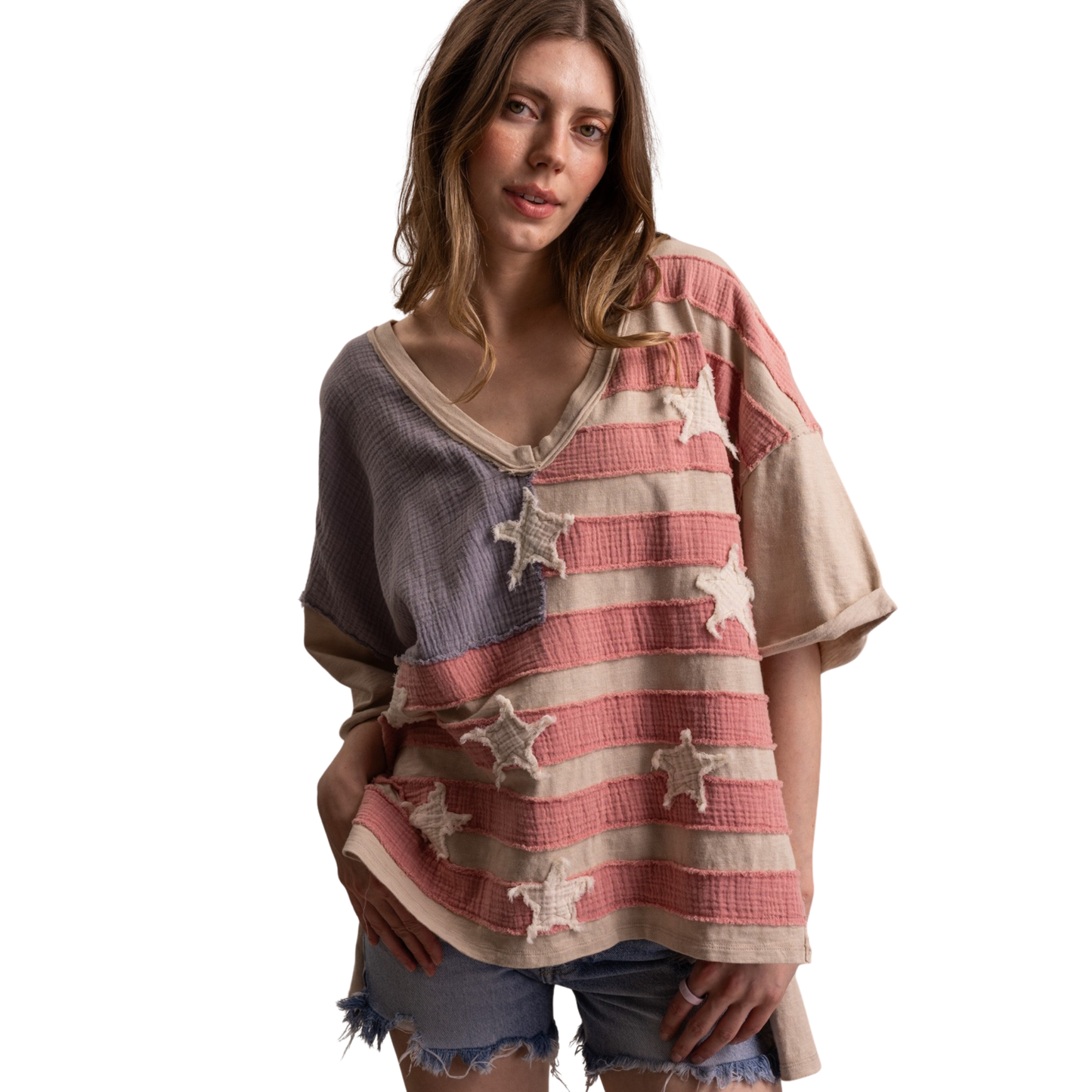 Celebrate patriotic style with this oversized flag tee from Blue Velvet. Featuring a classic American flag design on the chest, this comfortable v-neck tee offers a relaxed, contemporary fit perfect for casual wear. The short sleeves and generous oversized cut make it ideal for layering or wearing solo. A versatile staple that works for any season.