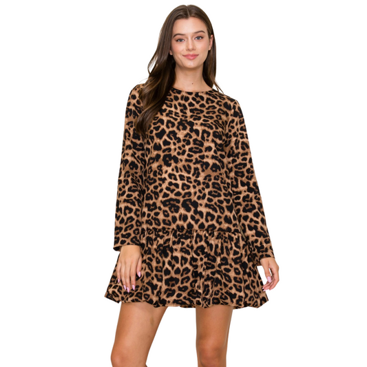 This long-sleeve mini dress from B.RIGHT &amp; D.ark features a striking animal print design combined with a playful bubble hem, offering a modern silhouette that balances sophistication and youthful flair. Crafted for a confident fit, it effortlessly enhances your presence whether styled for day or evening occasions.