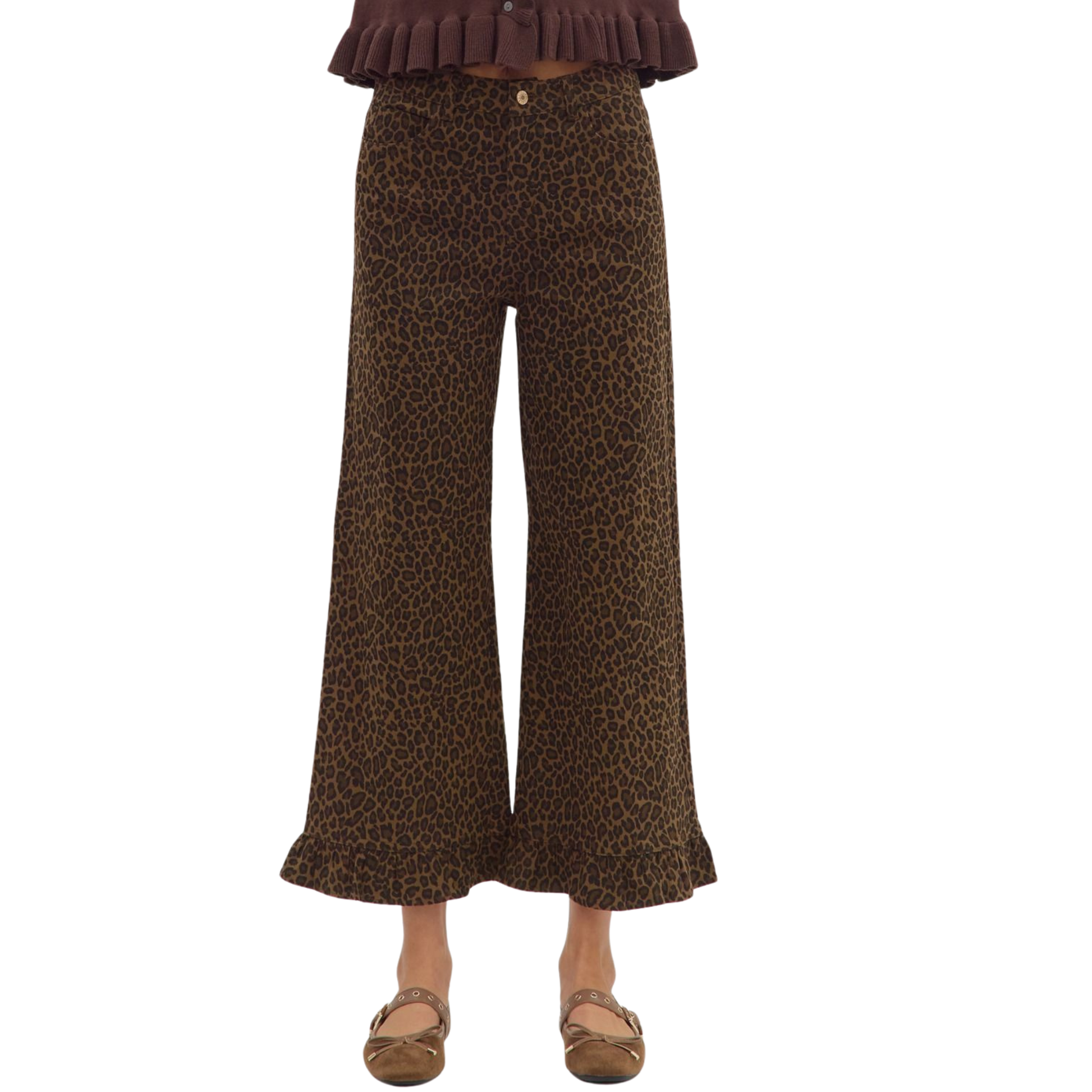 These cropped wide-leg pants from Entro fuse bold animal print with a sophisticated brown palette, creating a striking statement piece. The ruffle hem adds delicate movement and an elevated feminine touch, while the high-quality fabric ensures comfort and durability. Perfect for styling with both casual and dressy tops, they offer versatile wear for a confident, fashion-forward look.
