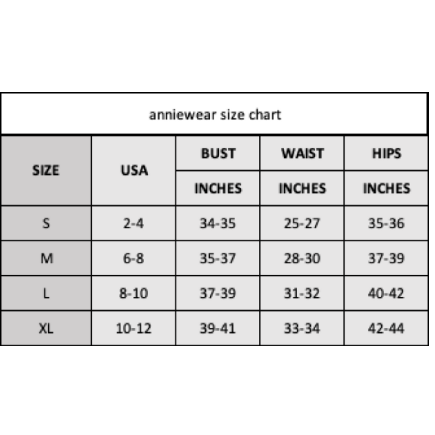 Anniewear size chart