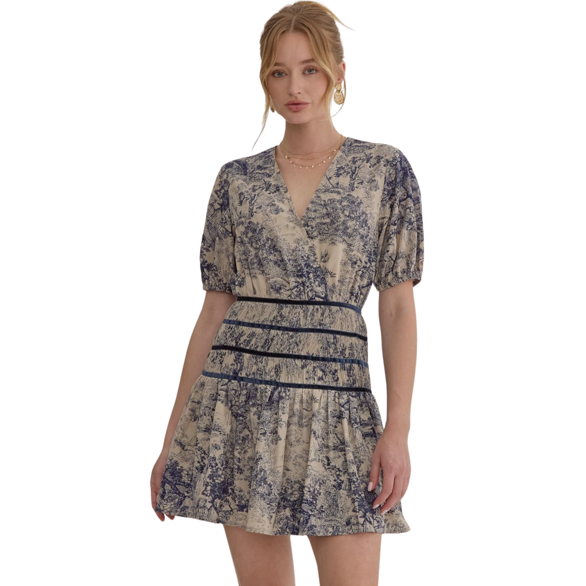 Expertly crafted with a vintage-inspired antique print, this short sleeve mini dress exudes sophistication. The snap button closure at the bust and invisible side zipper ensure a secure fit, while the lightweight and non-sheer fabric keeps you comfortable all day. Perfect for any occasion, this dress is lined for added elegance.