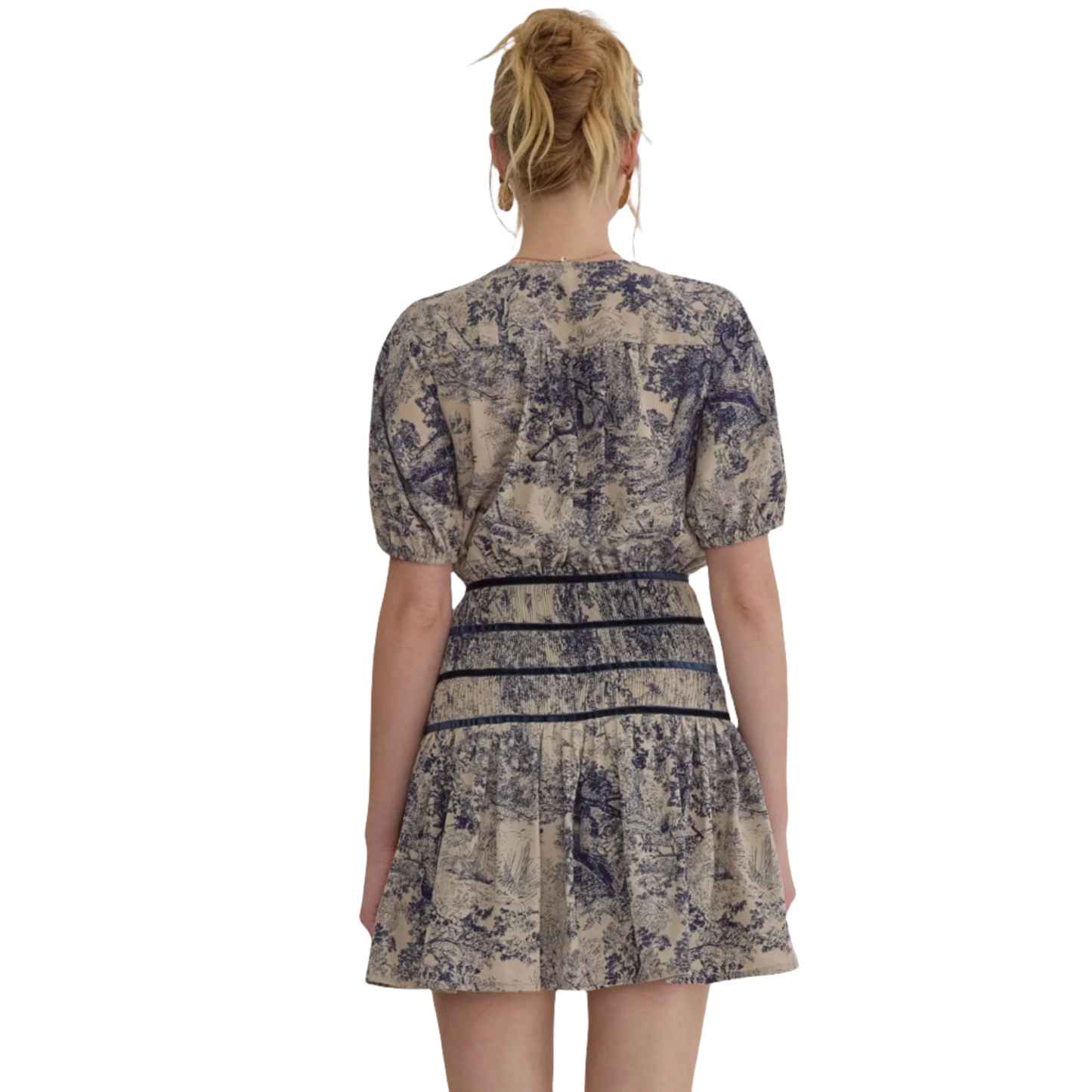 Expertly crafted with a vintage-inspired antique print, this short sleeve mini dress exudes sophistication. The snap button closure at the bust and invisible side zipper ensure a secure fit, while the lightweight and non-sheer fabric keeps you comfortable all day. Perfect for any occasion, this dress is lined for added elegance.