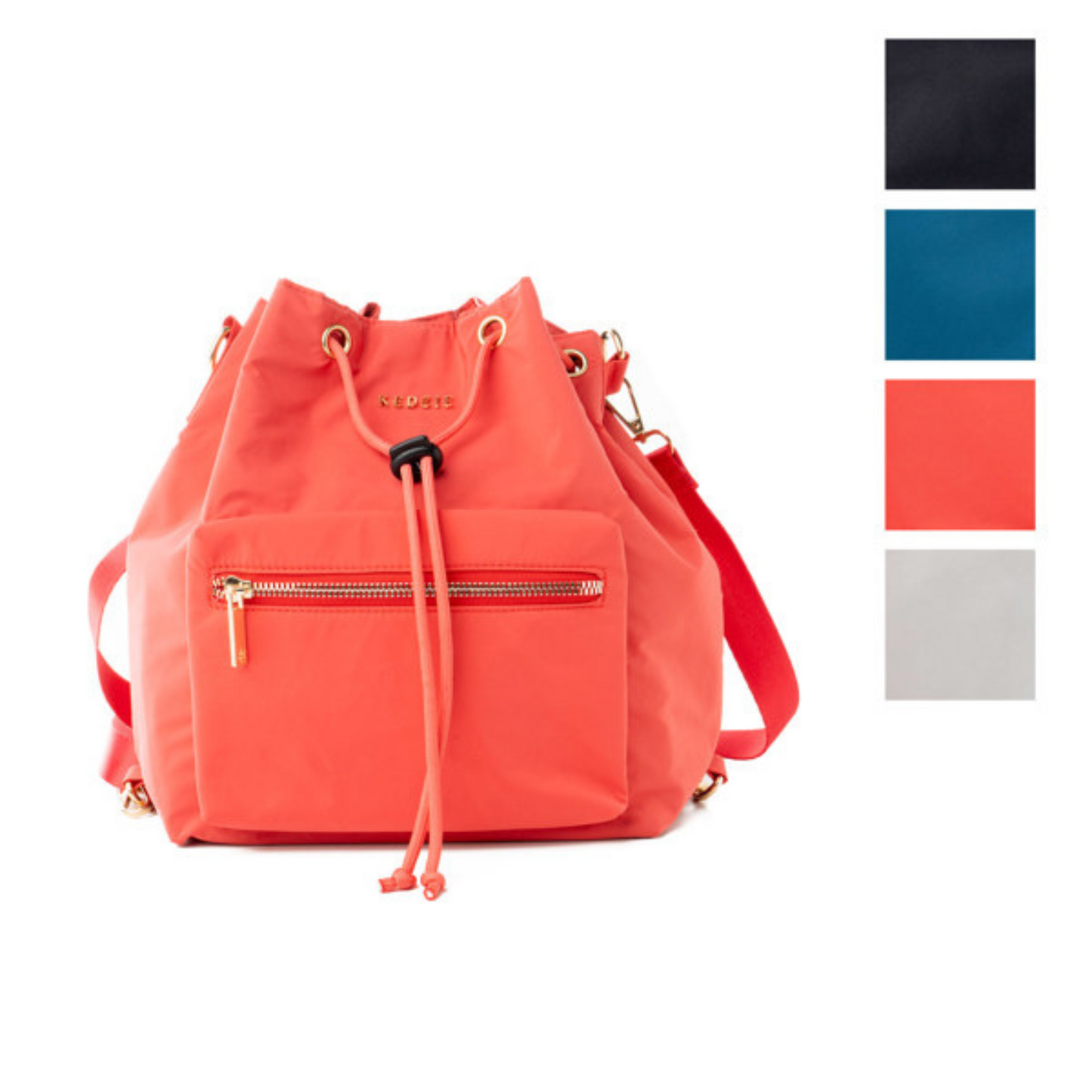 The Aries Convertible Bucket Bag offers versatility and style. With easy to clean fabric and a zippered front pocket, it's perfect for everyday use. Use the 3 interchangeable straps to wear it as a sling, crossbody, or backpack. The secure drawstring closure and smooth-glide zippers make it practical and fashionable. Available in 4 trendy colors.