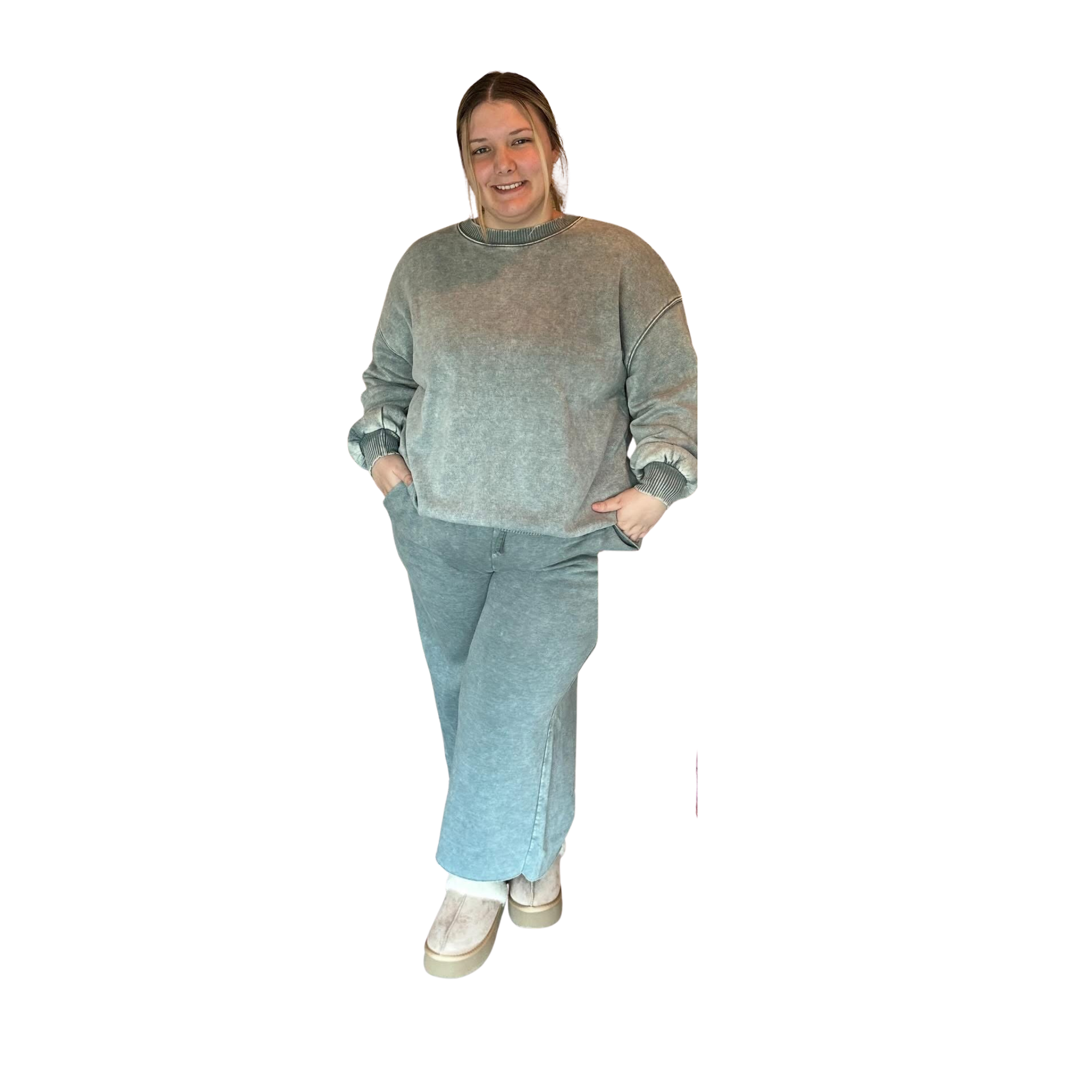 Acid washed fleece top and bottom set in ash jade