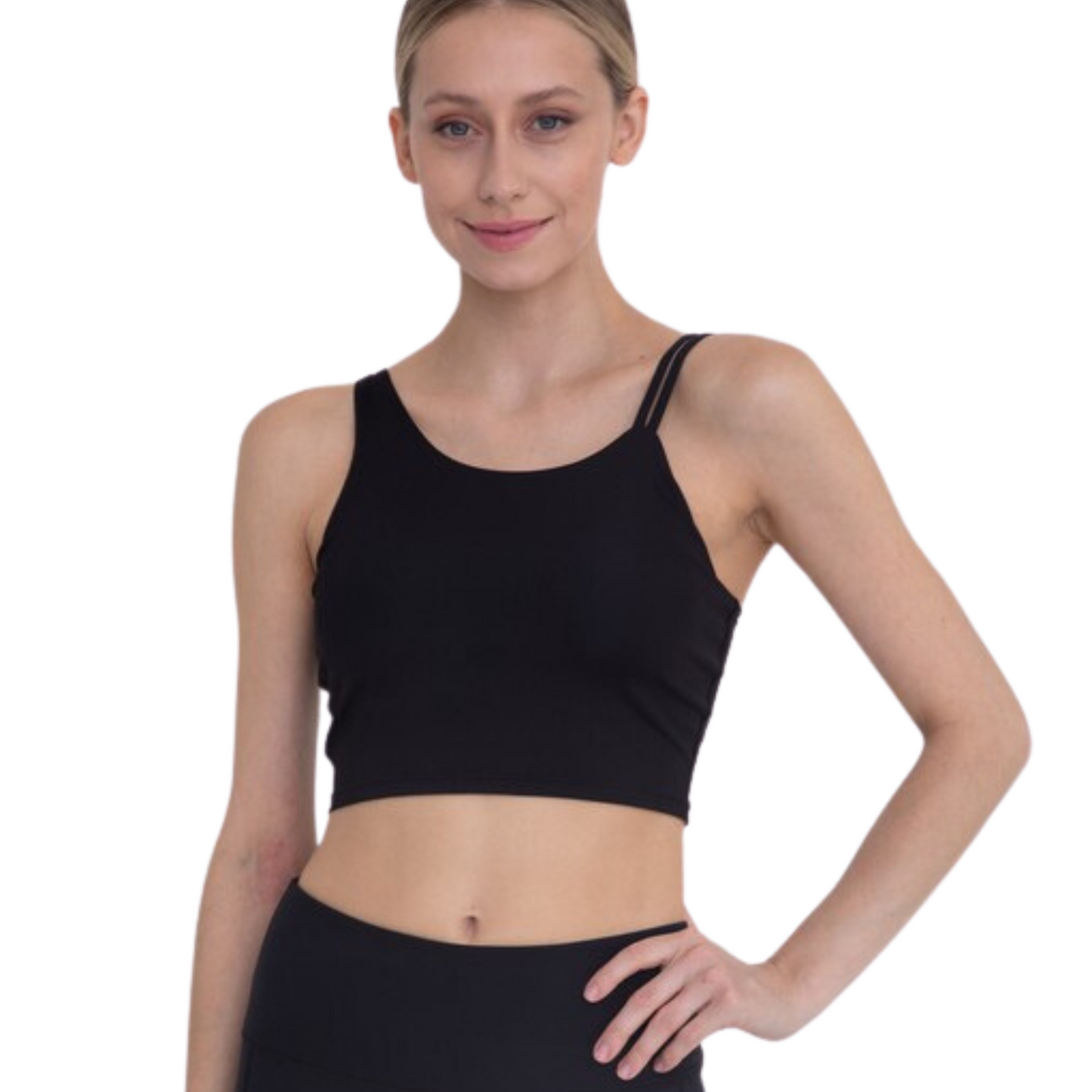 asymmetrical black cropped top. perfect for your next workout