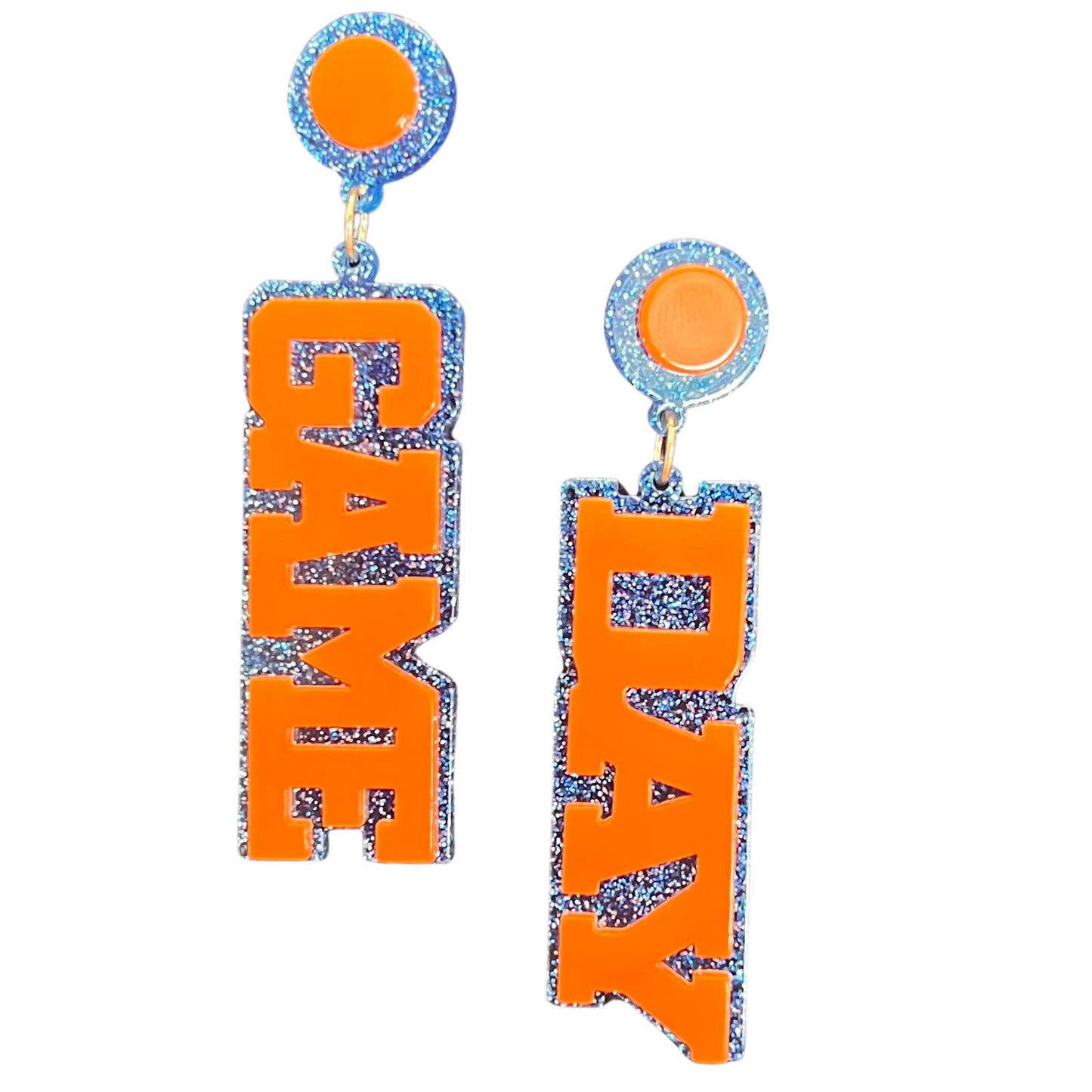 game day acrylic earrings in orange and blue