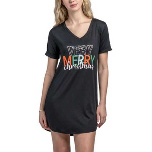 black v neck Christmas sleep shirt. Very Merry Christmas graphic on the front