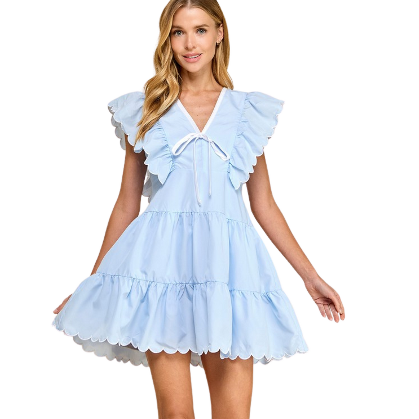 Expertly crafted by TCEC, this baby blue V-Neck Scalloped Dress boasts a charming bow detail and poplin ruffle sleeves. With a tiered skirt and scalloped hem, it is both elegant and playful. Completed with a contrast color trim and concealed back zipper for a flawless fit.